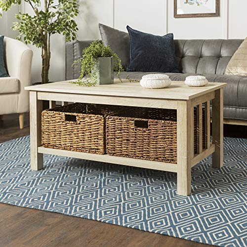 WE Furniture Rustic Wood Rectangle Coffee Accent Table Storage Baskets ...